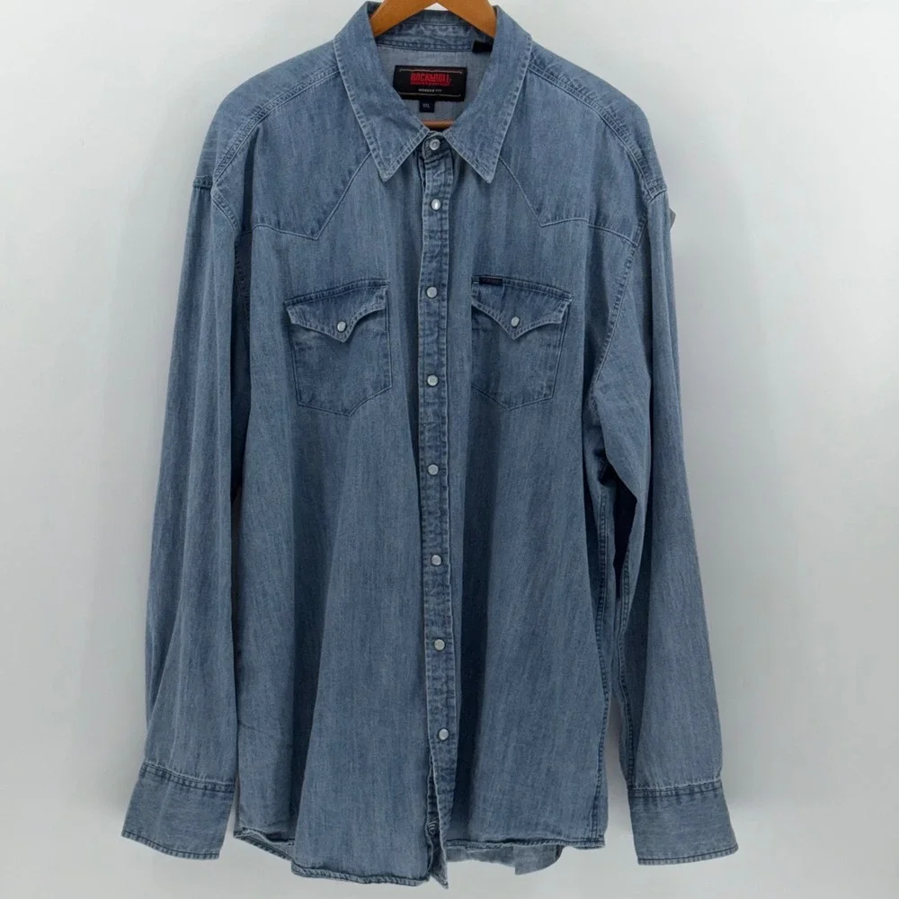 Rock & Roll Denim Mens XXL Blue Western Pearl Snap Shirt Modern Fit